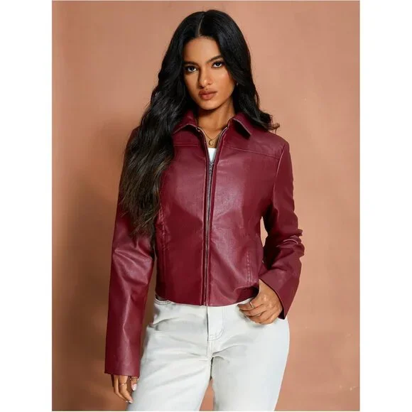 ⚡Women's Red Crop Faux Leather Jacket Vintage Long Sleeve Collar Zip Up Biker - Picture 3 of 6